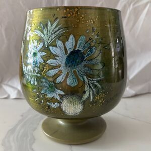 Mid Century Modern Sascha Brastoff Enamel Green Floral Cachepot MCM Handpainted